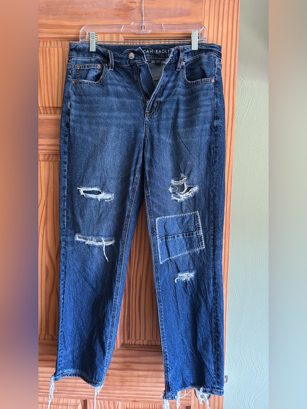 American Eagle Outfitters dark blue distressed mom jeans
